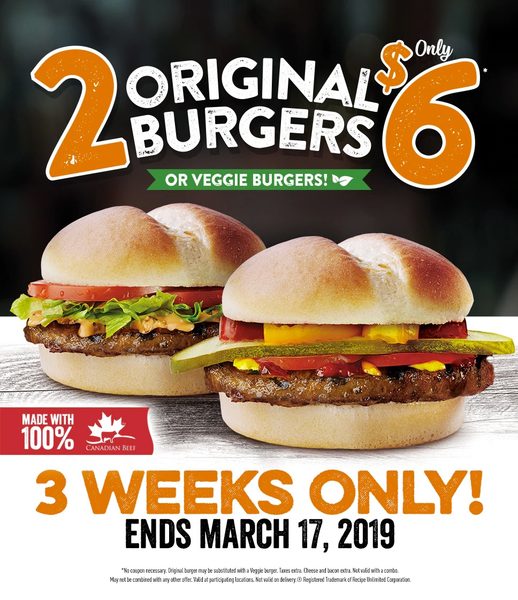 [Harvey's] 2 original or veggie burgers for 6 at Harvey's