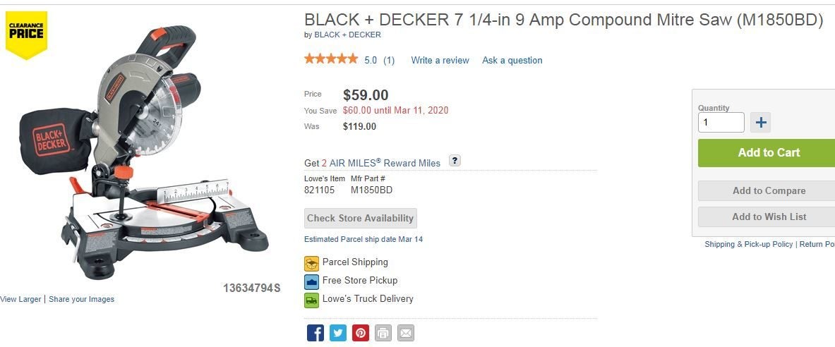 BLACK+DECKER 9 Amp 7-1/4-Inch Compound Miter Saw, M1850BD 