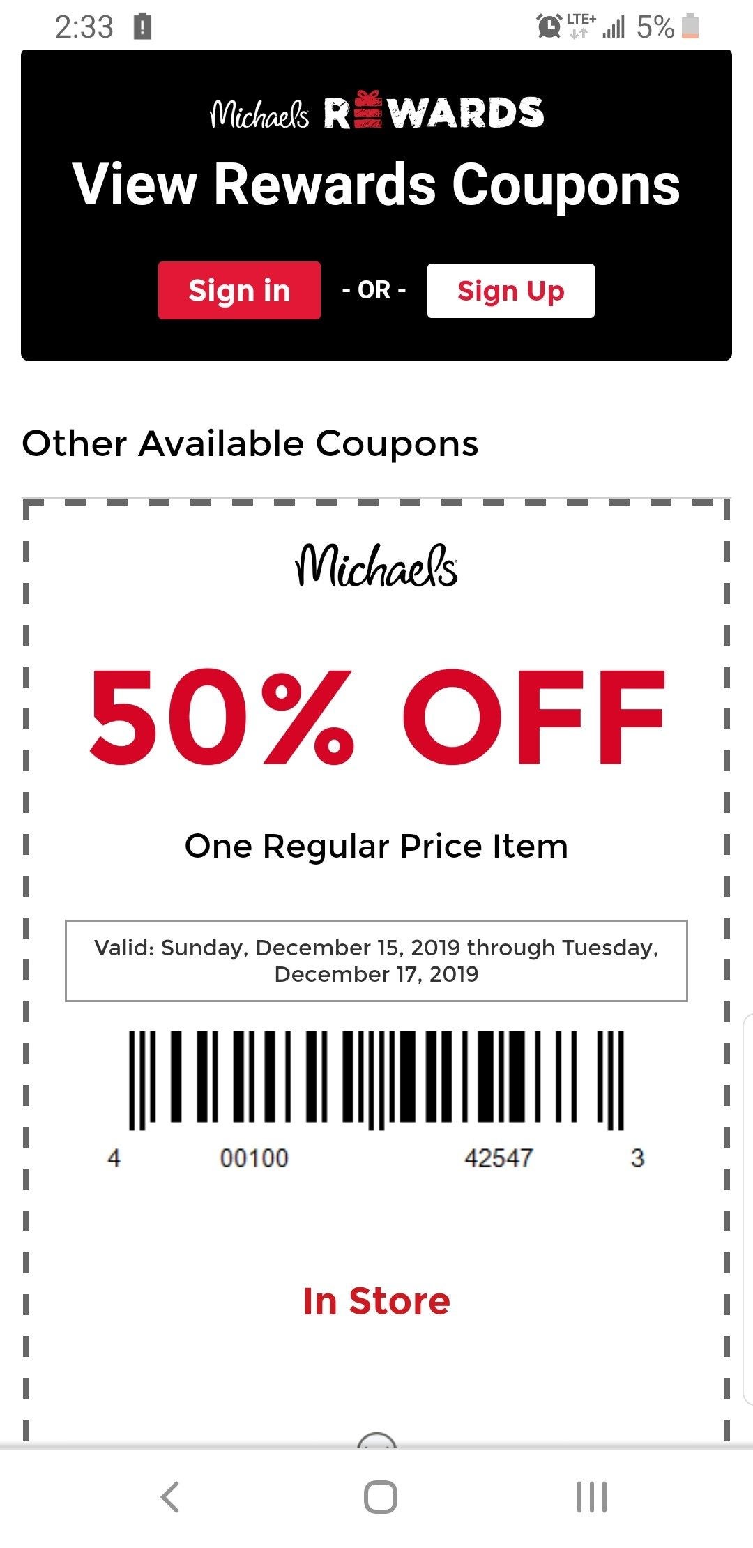 Michaels  50% off One Regular Item - SHIP SAVES