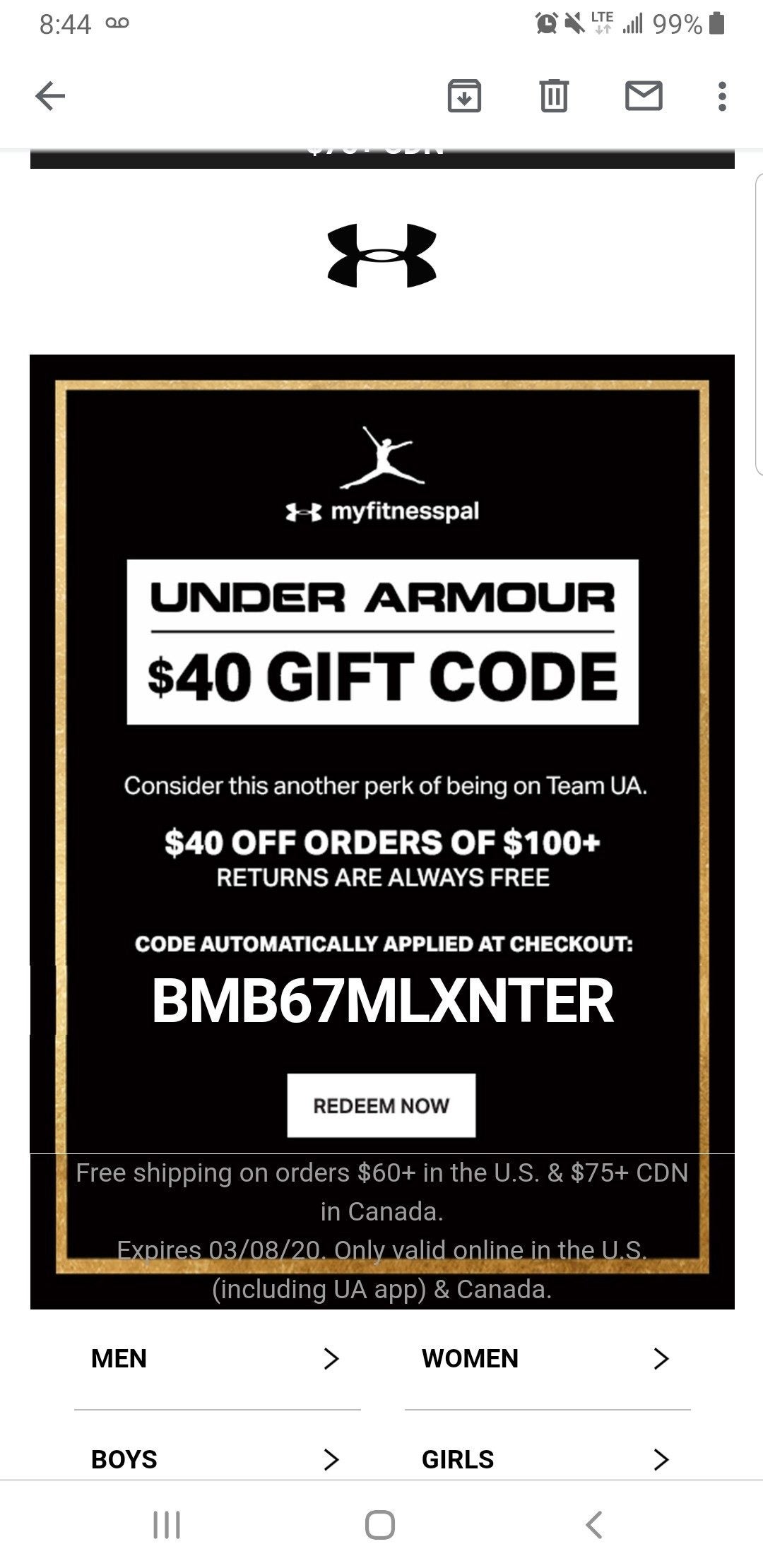 under armour $40 off $100 code