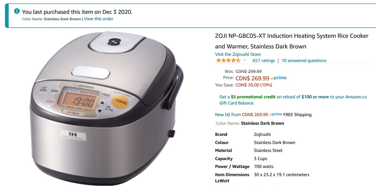 [Amazon.ca] 269.99 3 Cup [Made in Japan] Zojirushi Induction Heating