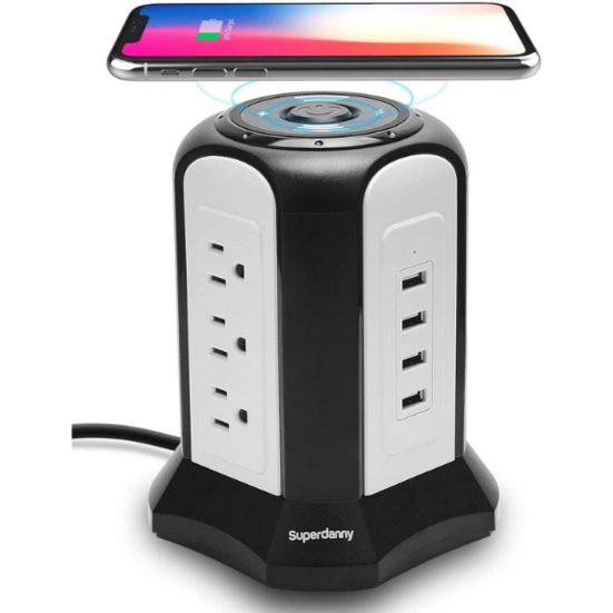7. Best Protection: Superdanny 10 ft. Power Bar Strip Tower Wireless Charger