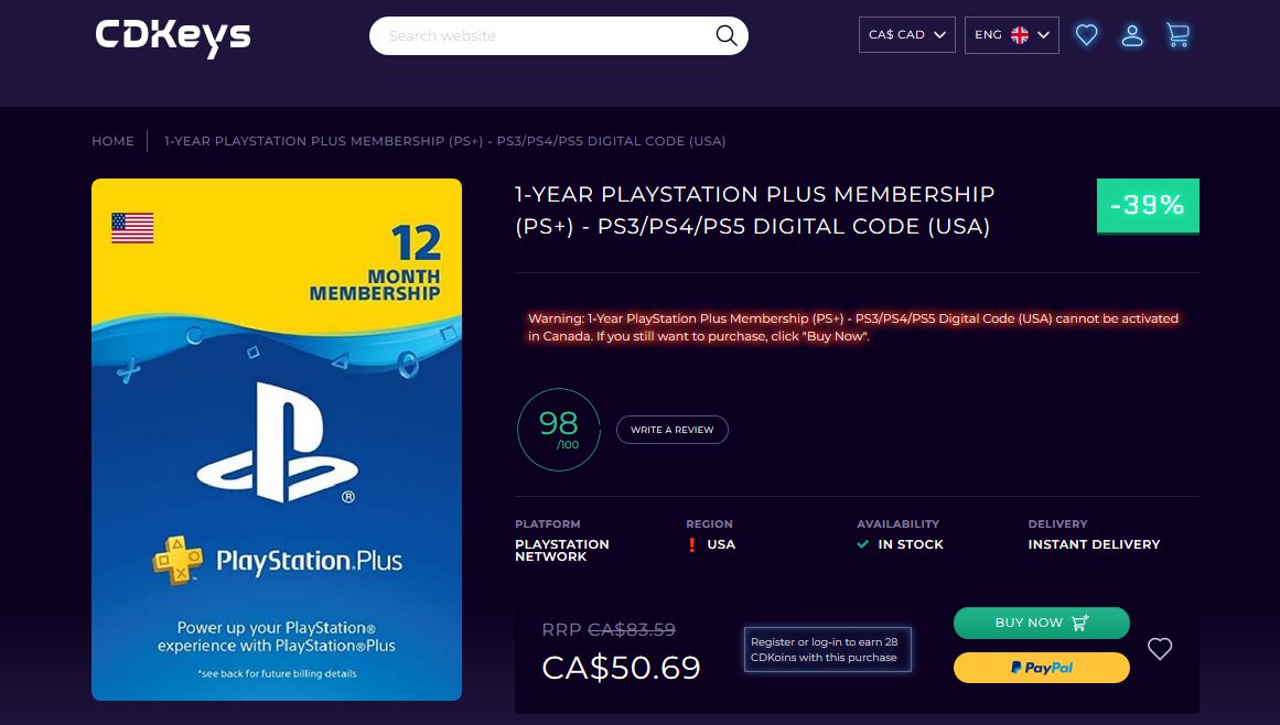 Sony PlayStation PS Plus 1 Year 12-Month Membership Card USA