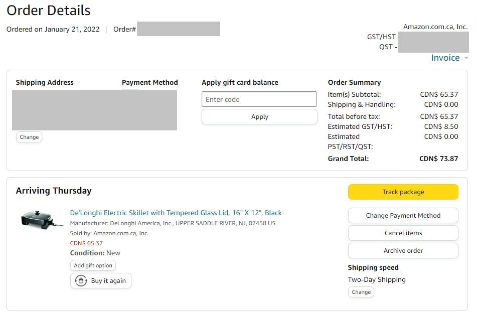 [Amazon.ca] De'Longhi Electric Skillet with Tempered Glass Lid, 16" X