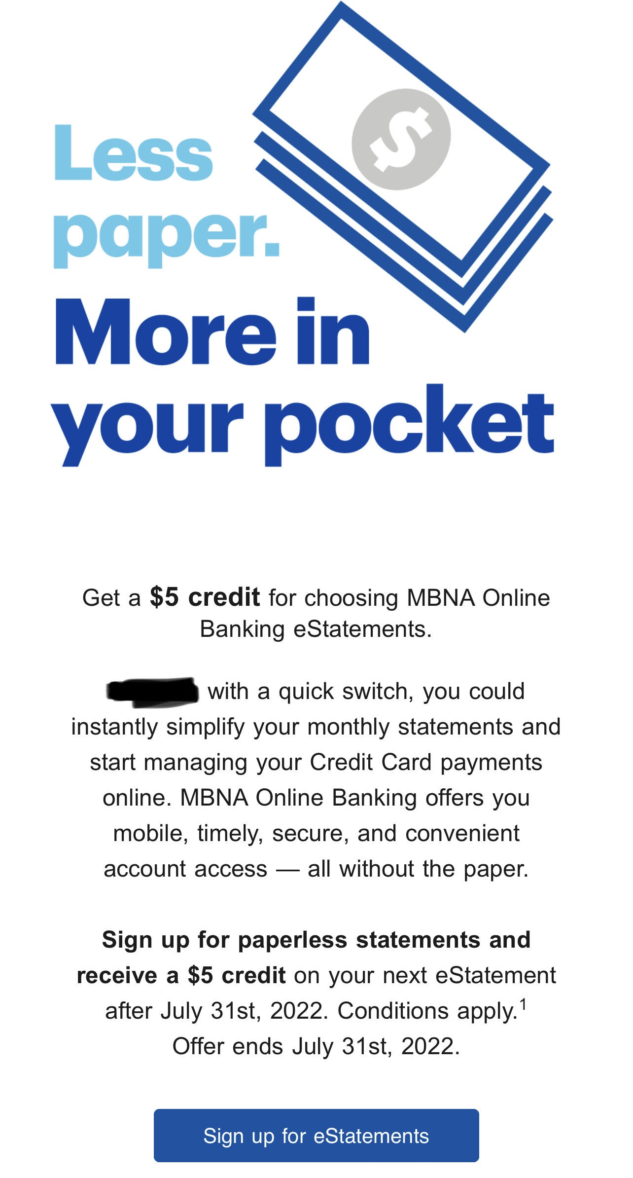 [MBNA Canada] Go Paperless and Get Rewarded: Free $5 for eStatement