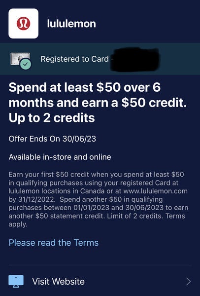 American Express] [Lululemon] Spend at least $50 over 6 months and