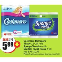 Cashmere Bathroom Tissue, Sponge Towels, Scotties Facial Tissue 