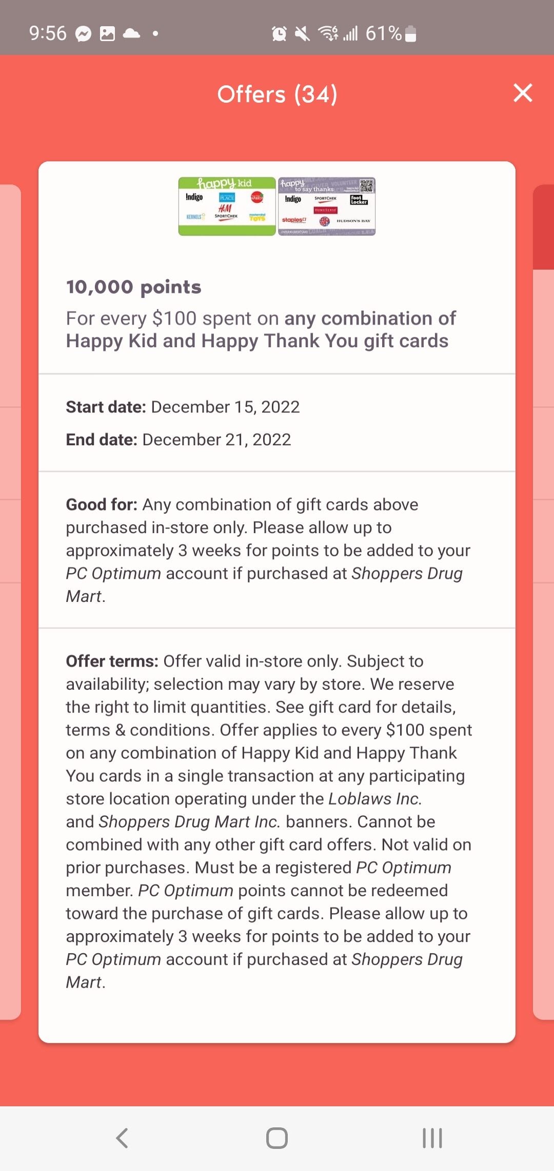 Loblaws / Shoppers Drug Mart] 10,000 PC Optimum Points for every $100  combination of Happy Kid and Thank You Gift Cards (Indigo, Sport Chek &  More) - RedFlagDeals.com Forums