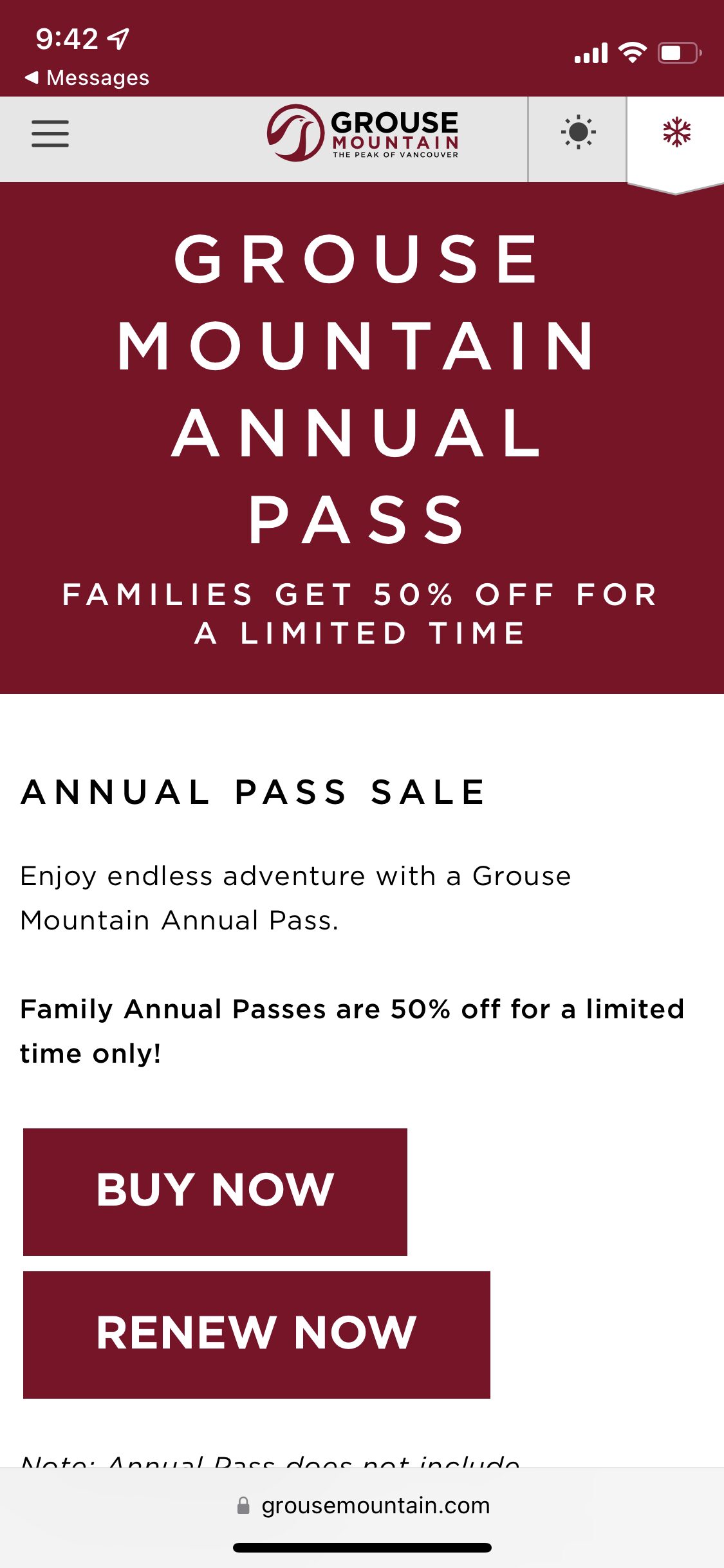 [Grouse Mountain] 50 Off Family Annual Gondola Pass