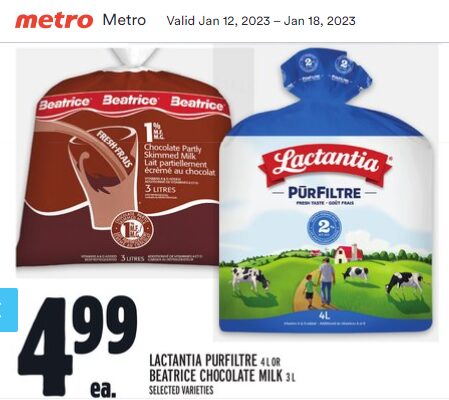 Metro Lactantia Purfiltre 4L or Beatrice Chocolate Milk 3L 4.99