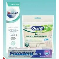 Crest Pro-Health Bacteria Shield and Gum Toothpaste, Oral-B Eco Floss Picks or Fixodent Denture Adhesive Cream