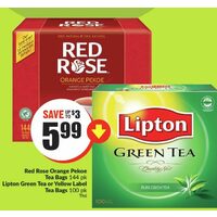 Red Rose Orange Pekoe Tea Bags, Lipton Green Tea Or Yellow Label Tea Bags