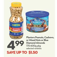 Planters Peanuts, Cashews Or Mixed Nuts or Blue Diamond Almonds