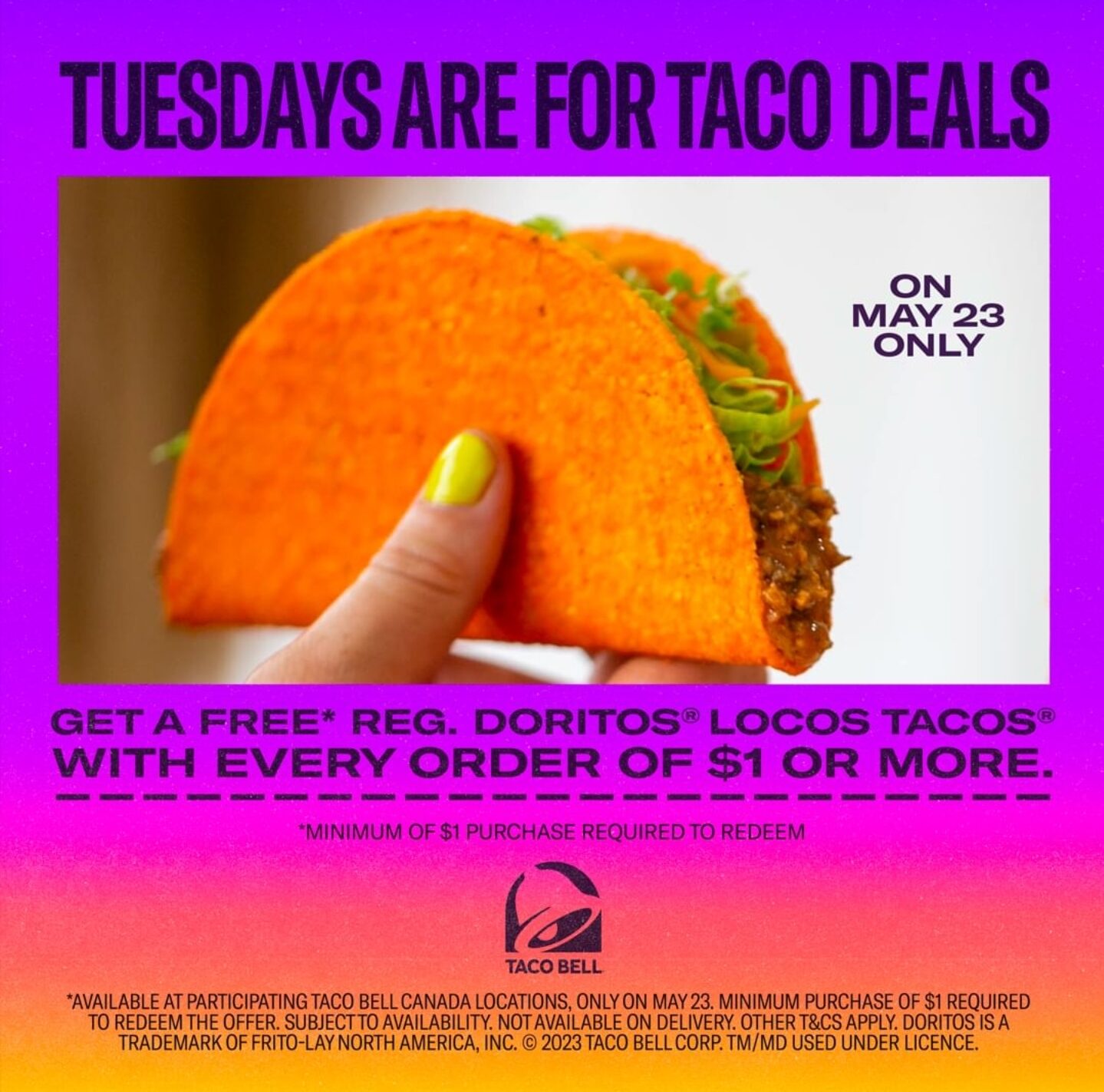  Taco Bell May 23 Taco Tuesday Free Regular Dorito Locos Taco With 