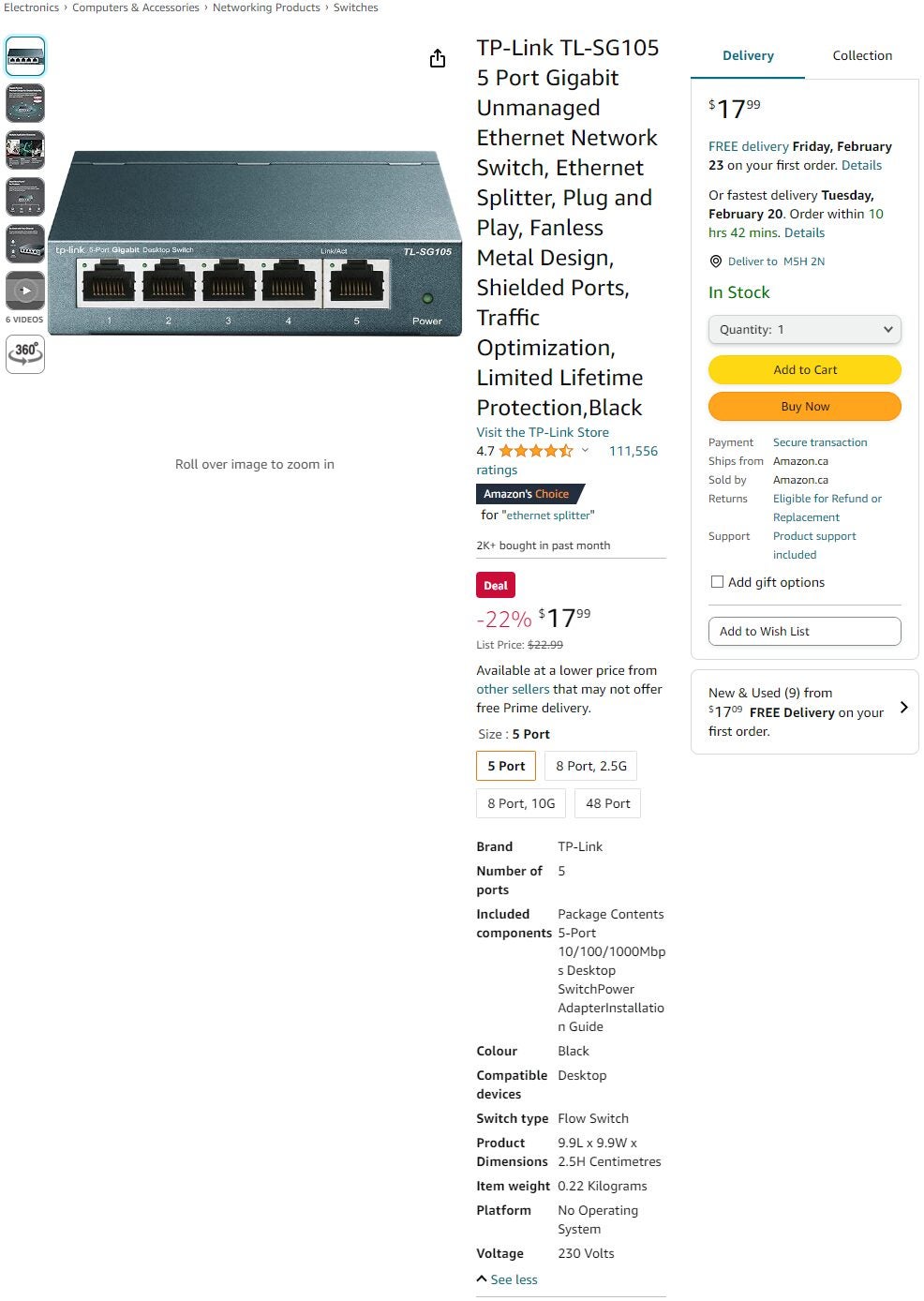TP-Link TL-SG105, 5 Port Gigabit Unmanaged Ethernet Network Switch, Ethernet  Splitter, Fanless Metal Design