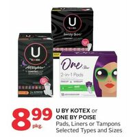 U by Kotex or One by Poise Pads, Liners or Tampons 