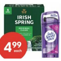 Irish Spring Bar Soap, Old Spice or Lady Speed Stick Antiperspirant/Deodorant