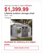 Lifetime 10Ft x ft Outdoor Storage Shed [$1399.99]