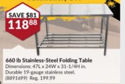 660 lb Capacity Stainless-Steel Folding Table $118.88 (reg. $199.99) May 7-19
