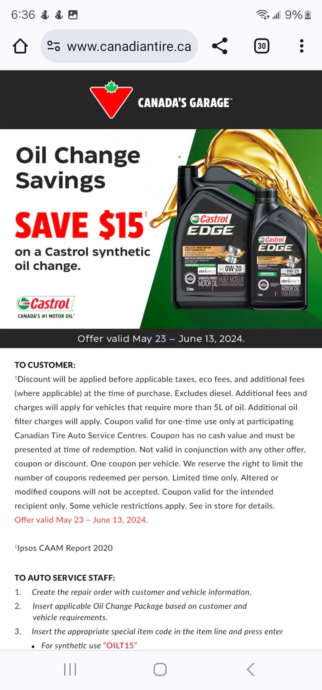 [Canadian Tire] Oil change savings Save 15 on Castrol Synthetic oil