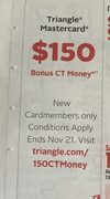 $150 Canadian Tire CT Money sign up bonus for Triangle Mastercard (OCT 25 - NOV 21)