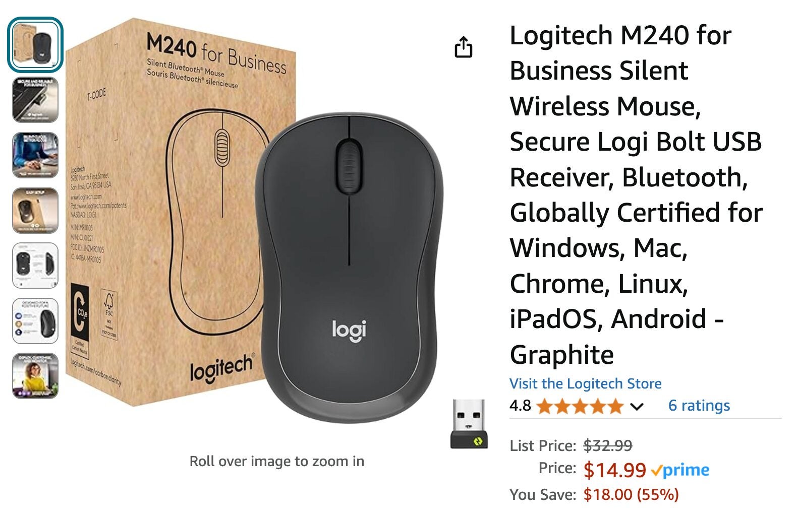 [amazon.ca] Logitech M240 Silent Wireless Mouse With Bolt Receiver $14. 