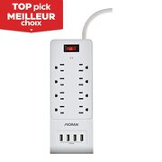 NOMA 8-Outlet and 4 USB Port Power Bar with 1200 Joules, Surge Protector $19.99