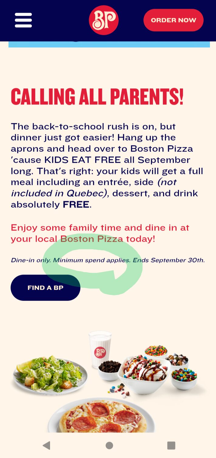 Boston Pizza Kids eat free in September RedFlagDeals com Forums