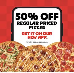 50% off 4 Med/large pizzas