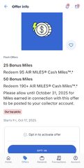 Cash Miles: Redeem 95 AM Get 25 AM or 190 AM Get 50 AM. Dream Miles: Redeem 500 AM Get 200 AM (Oct 17-19)