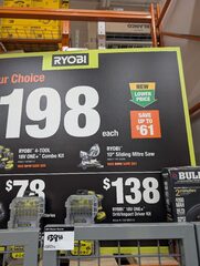 Home Depot /In Store : Ryobi 10" compound sliding Mitre saw $198. YMMV