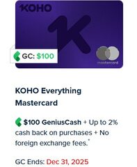 [CCG] $100 Cashback on KOHO Prepaid Mastercard