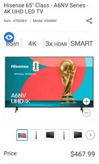 Costco Hisense 65" Class - A6NV Series - 4K UHD LED TV $467.99