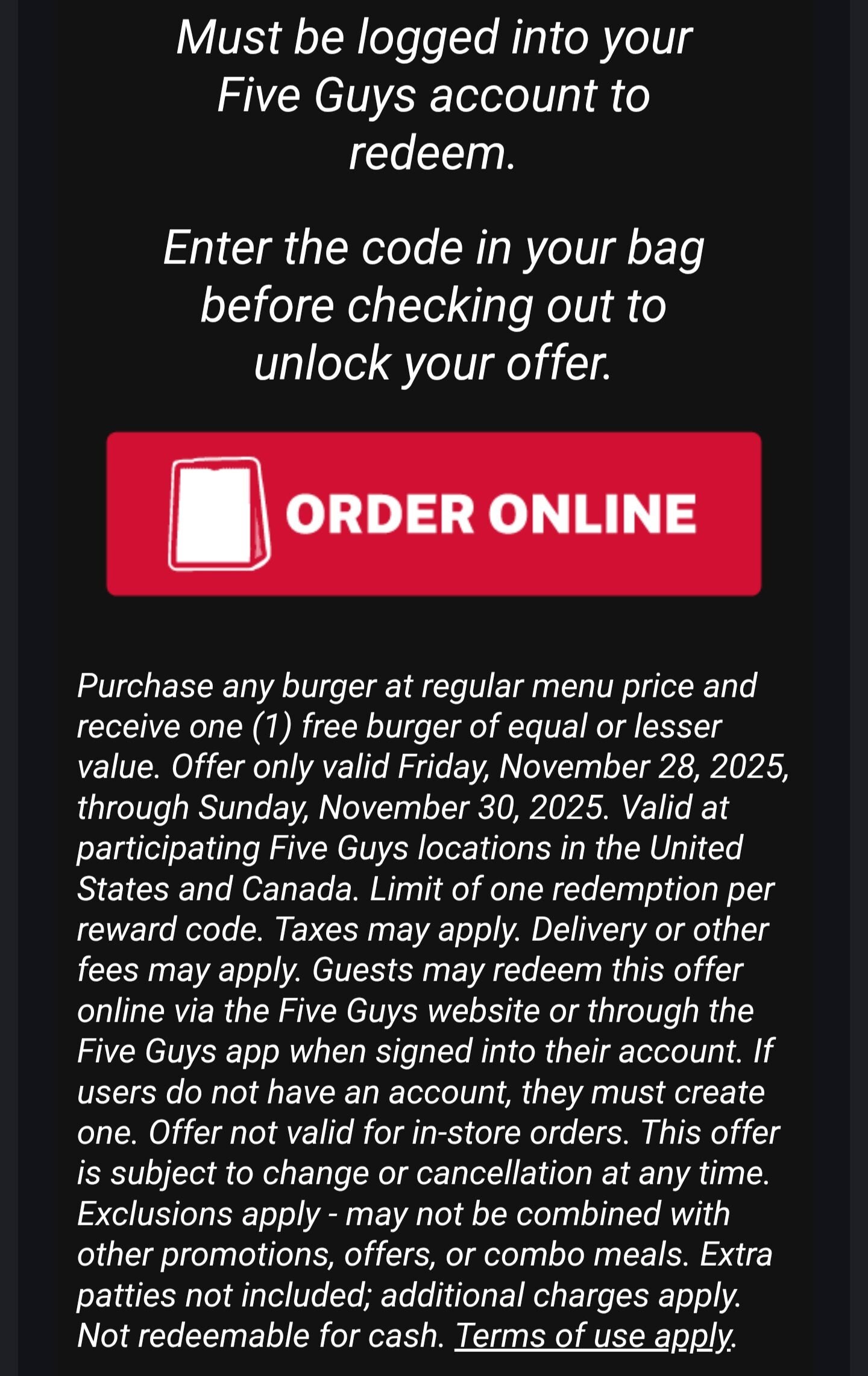 [Black Friday] Five Guys: Buy Any Burger, Get One Free (Online/App Only ...