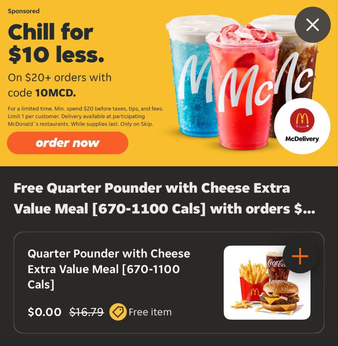 Skip] SKIP x McDonalds - $10 off $20 & FREE Quarter Pounder Meal w