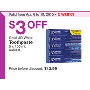 Crest 3D White Toothpaste - $9.99 ($3.00 Off)