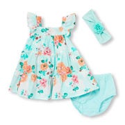 Baby Girls Sleeveless Floral Print Tiered Dress Mesh Flower Headband And Bloomers Set - $11.70 ($28.25 Off)
